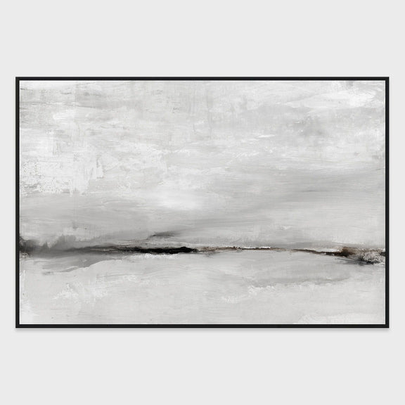 Framed abstract landscape wall painting in light grays with dark border frame