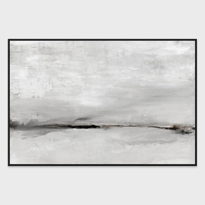 Framed abstract landscape wall painting in light grays with dark border frame