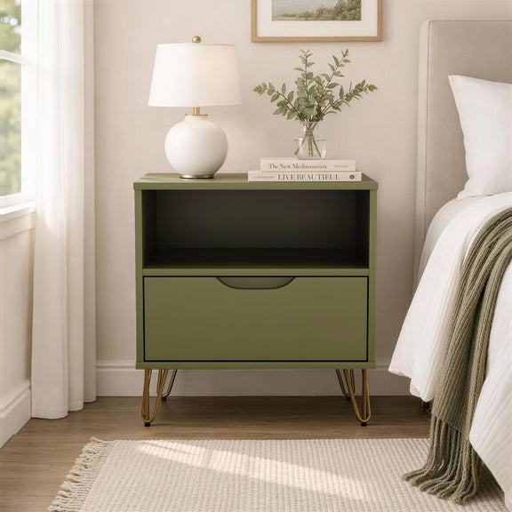 Green nightstand with open shelf and drawer, styled in a bedroom