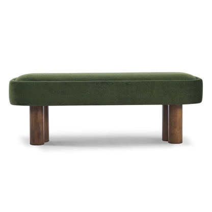 Green upholstered dining bench with plush rounded seat and dark wood legs