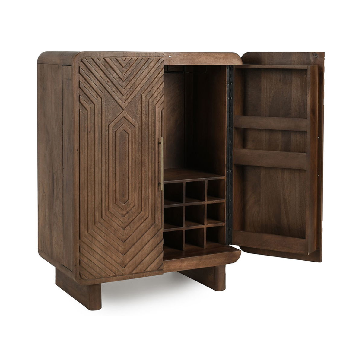 Bar cabinet with doors open, revealing three-tier shelves and side storage compartments.