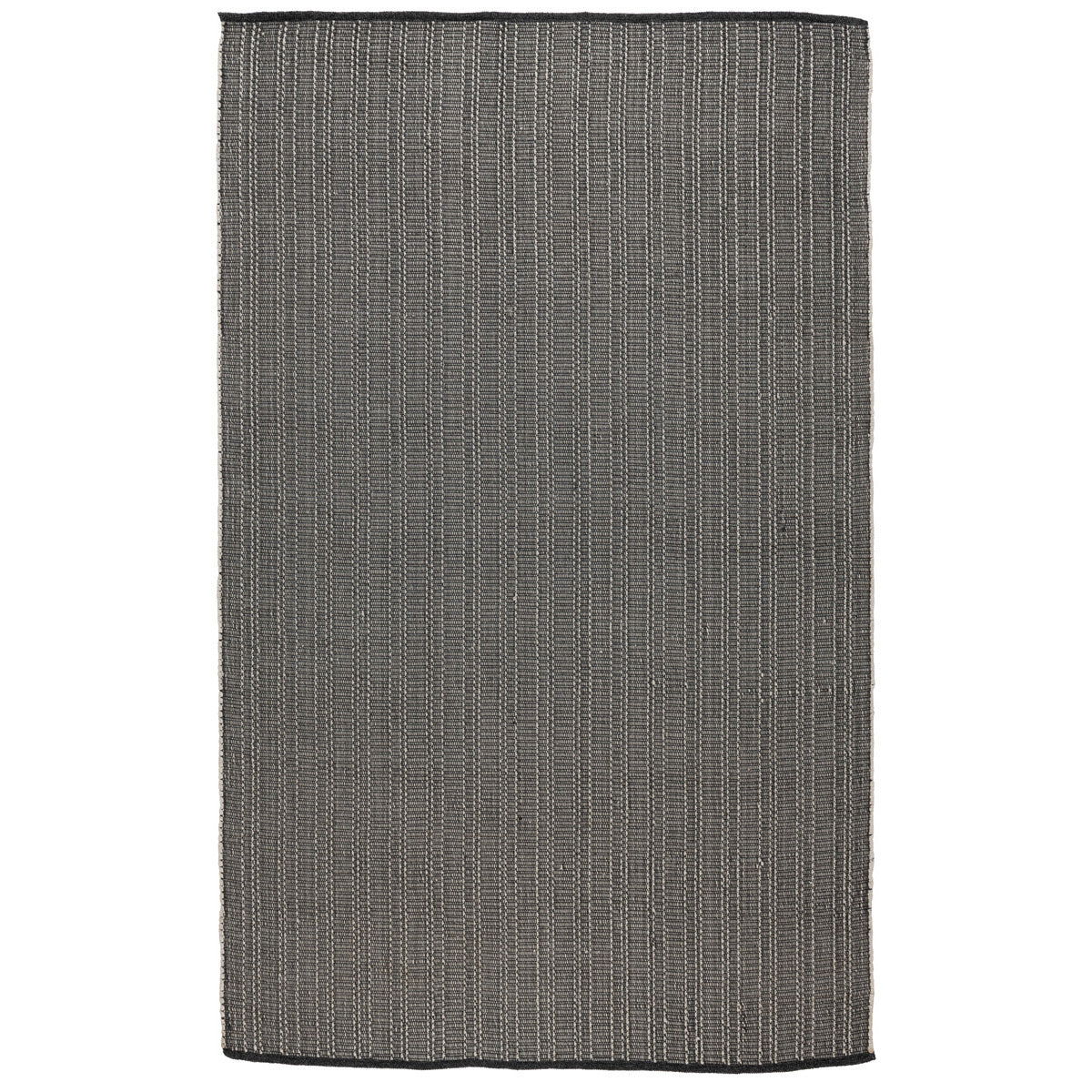 Charcoal indoor/outdoor rug with narrow textured stripes and straight bound edges.