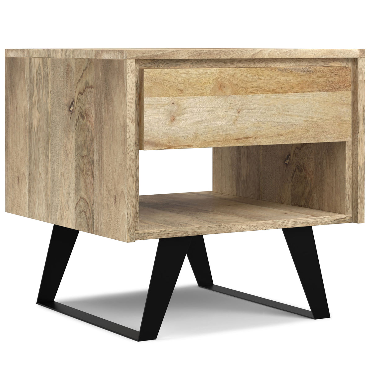 Light brown wood end table with open shelf and black angled metal legs