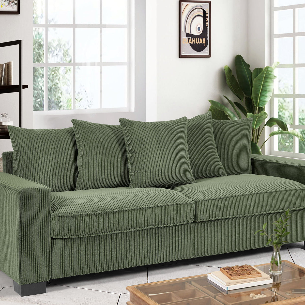 Luxe Corduroy Sofa With 5 Matching Toss Pillows, Sleek Design, Spacious And Comfortable 3 Seater Couch