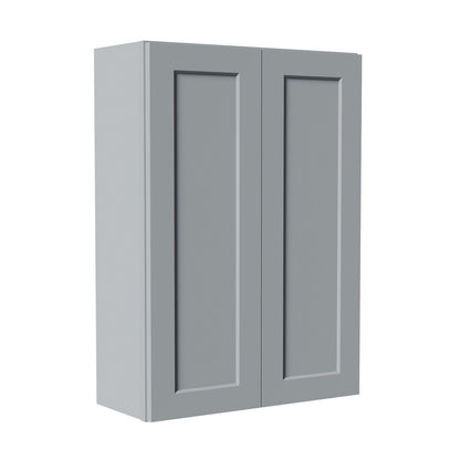 Dark gray shaker wall cabinet with two panel doors and a wood-look top, closed