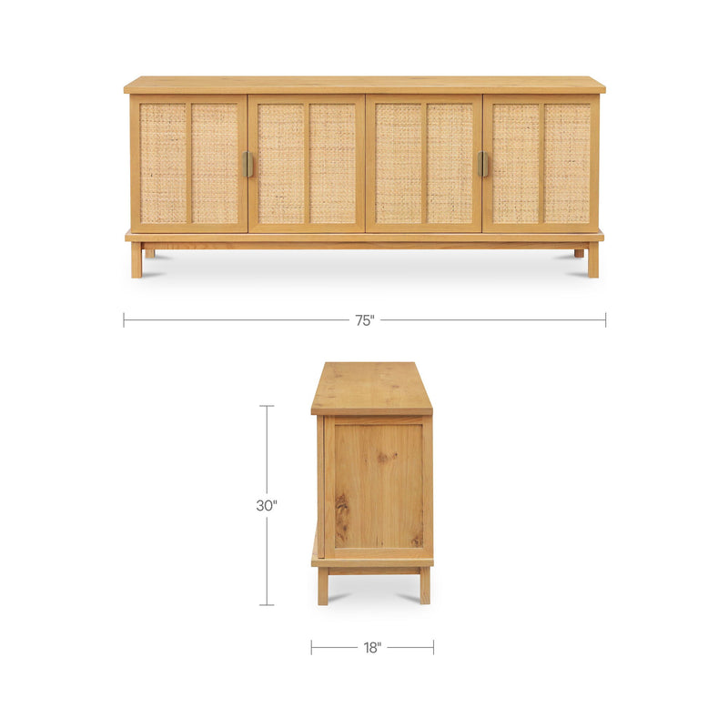 Natural sideboard with woven door fronts, dark handles, and visible size measurements