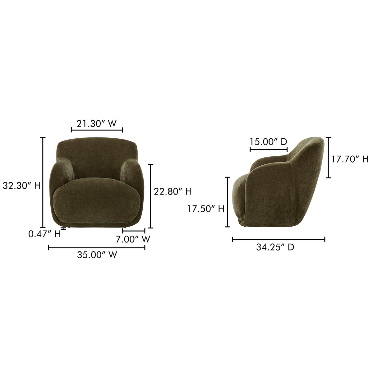 Cedar green lounge chair with rounded arms, shown with size measurements (W x D x H).