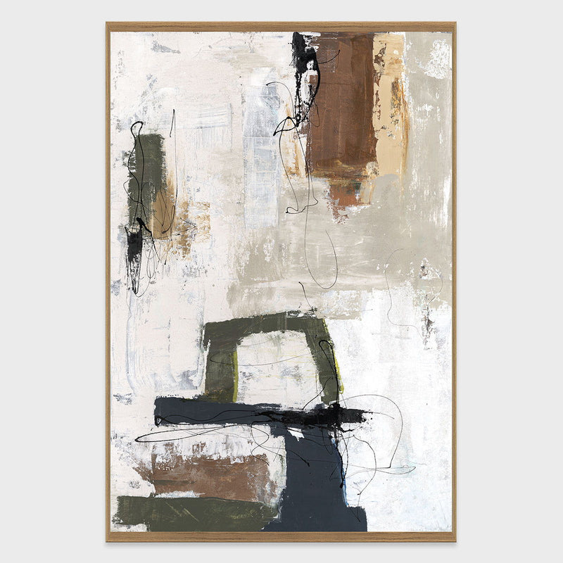 Abstract framed wall art painting featuring white background with black, brown, and gold marks