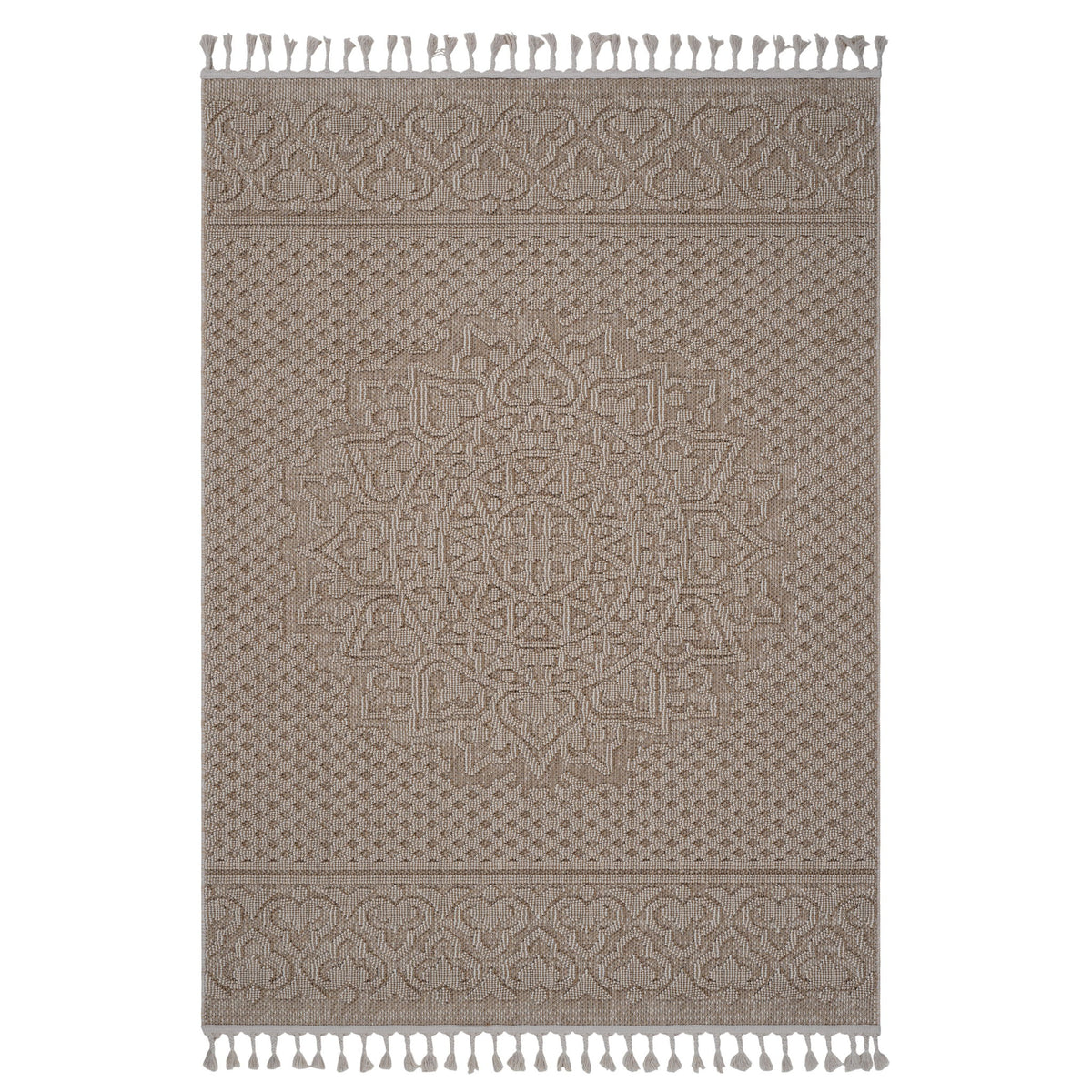 Beige medallion area rug with ornate pattern and tassel fringe border