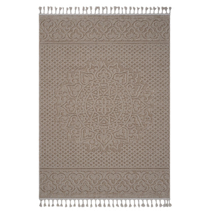 Light brown medallion indoor/outdoor rug with ornate center panel and tassel fringe ends