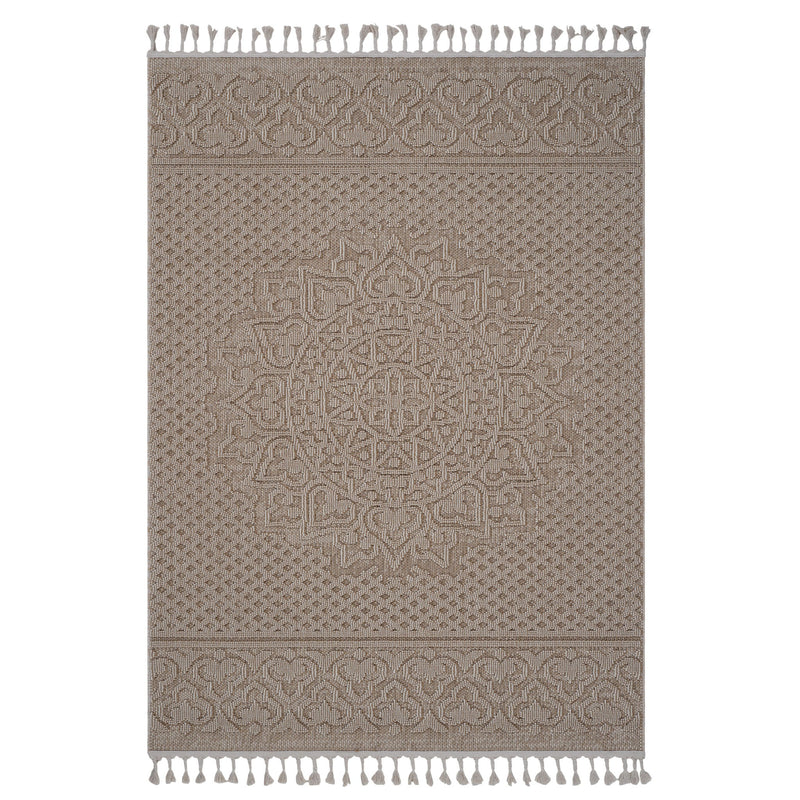 Light brown medallion indoor/outdoor rug with ornate center panel and tassel fringe ends