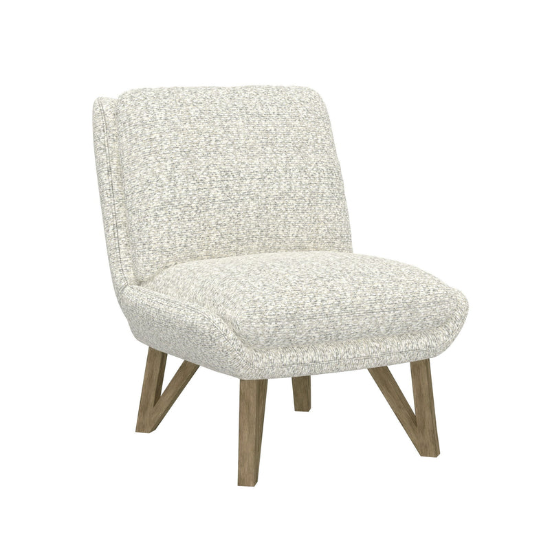 White armless accent chair with padded seat and rounded back, upholstered fabric and wood legs.