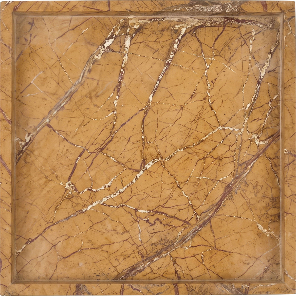 Golden tan marble tray with bold white veining and a square raised rim.