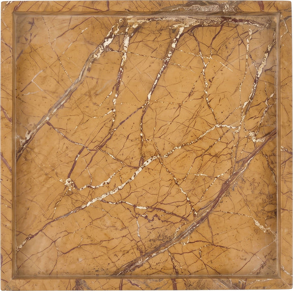 Golden tan marble tray with bold white veining and a square raised rim.