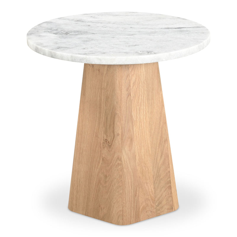 Round accent table with grey marble-look top and conical light wood pedestal.