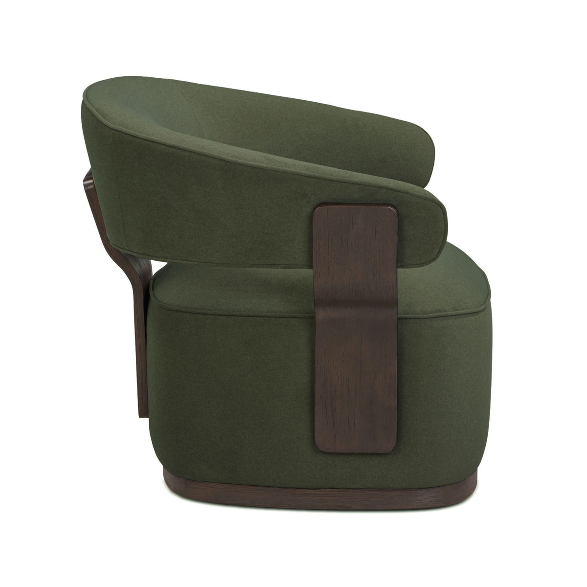 Dark green swivel accent chair with rounded arms and dark wood side panels