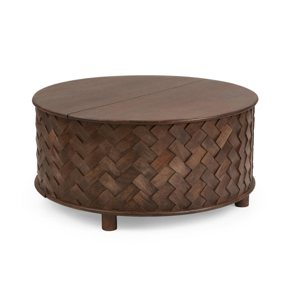 Round mango wood table with dark brown woven pattern and smooth circular tabletop