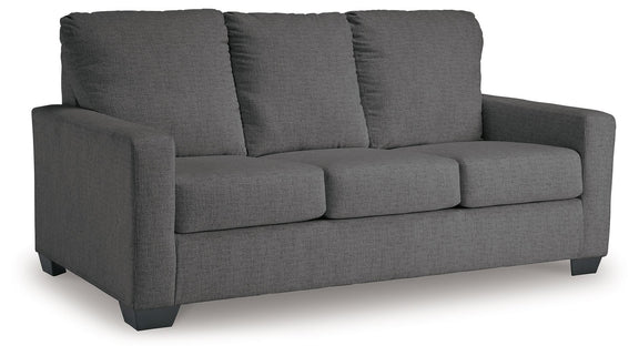 Dark gray fabric 3-seat sofa with three back cushions and matching padded arms