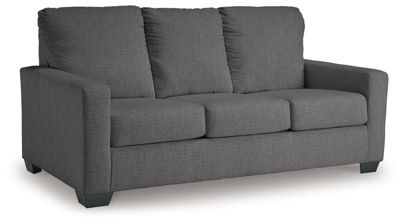 Dark gray fabric 3-seat sofa with three back cushions and matching padded arms