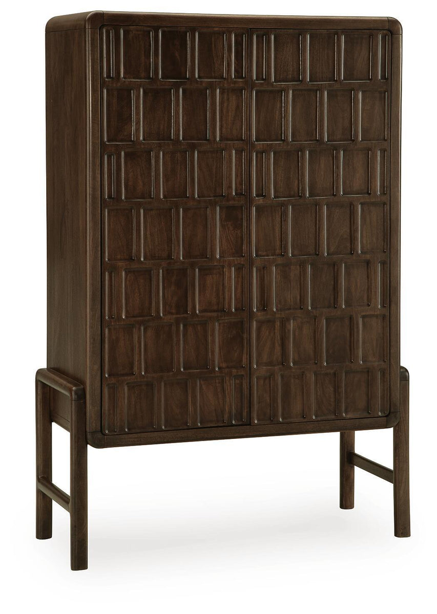 Brown accent cabinet with raised square panel doors and arched top