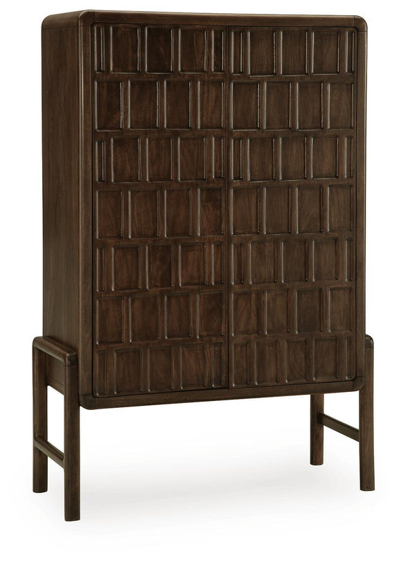 Brown accent cabinet with raised square panel doors and arched top