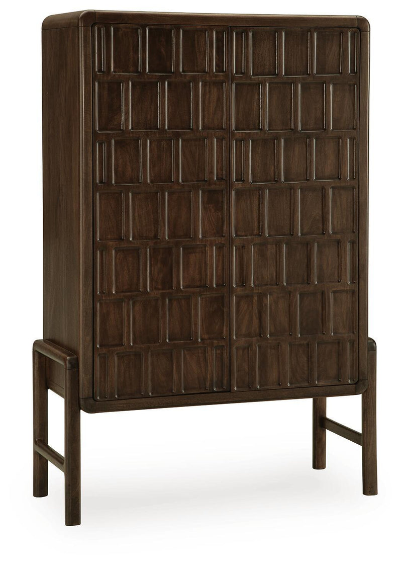 Brown accent cabinet with raised square panel doors and arched top