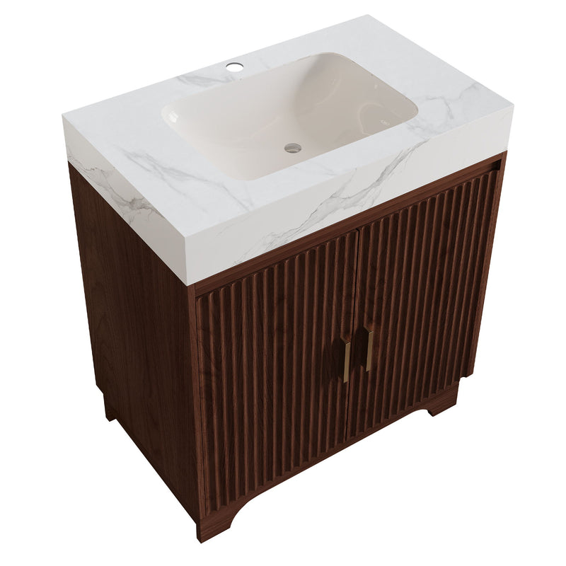 Walnut bathroom vanity with fluted double doors and a white marble-look sink top