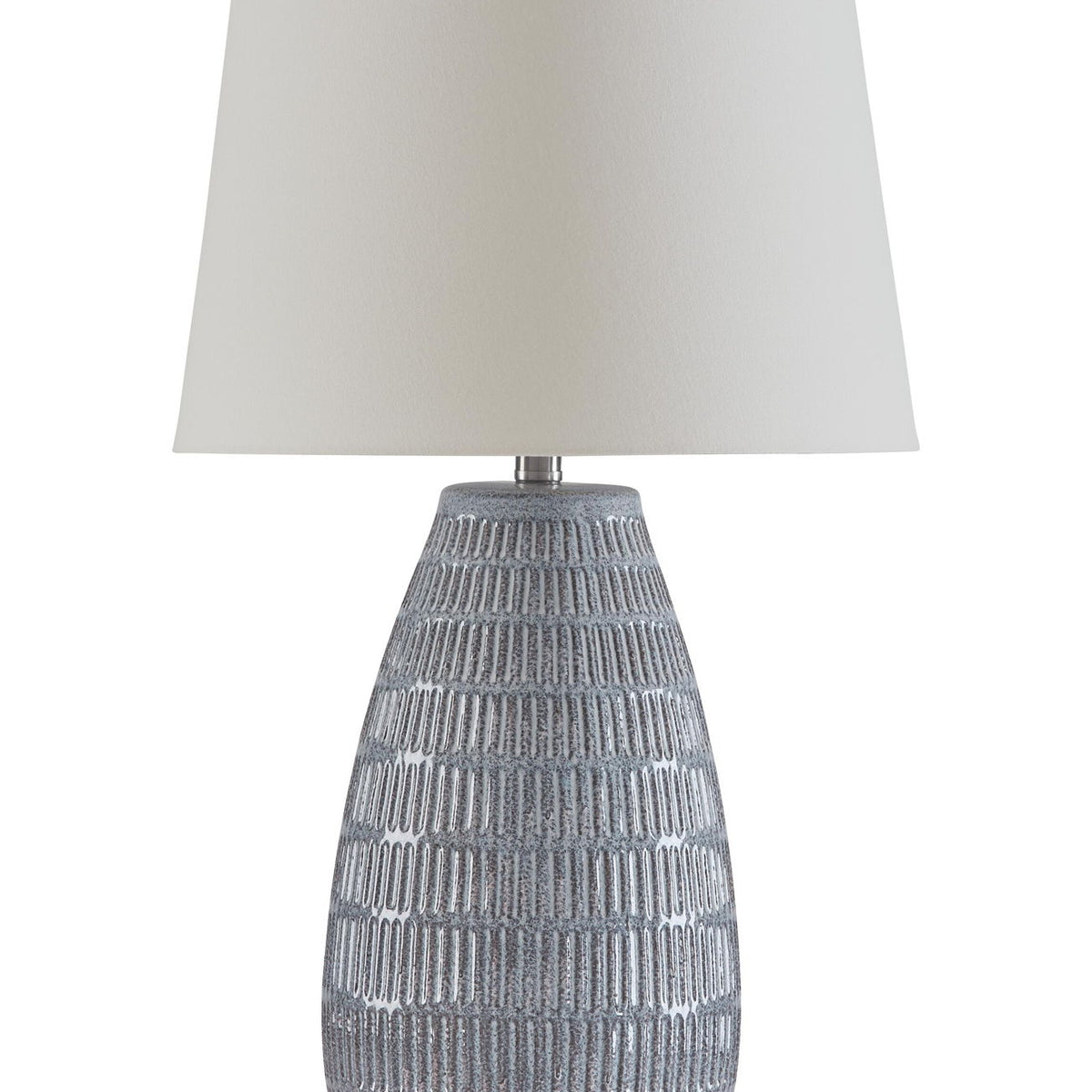 Ceramic table lamp with white drum shade and blue-gray textured ceramic base
