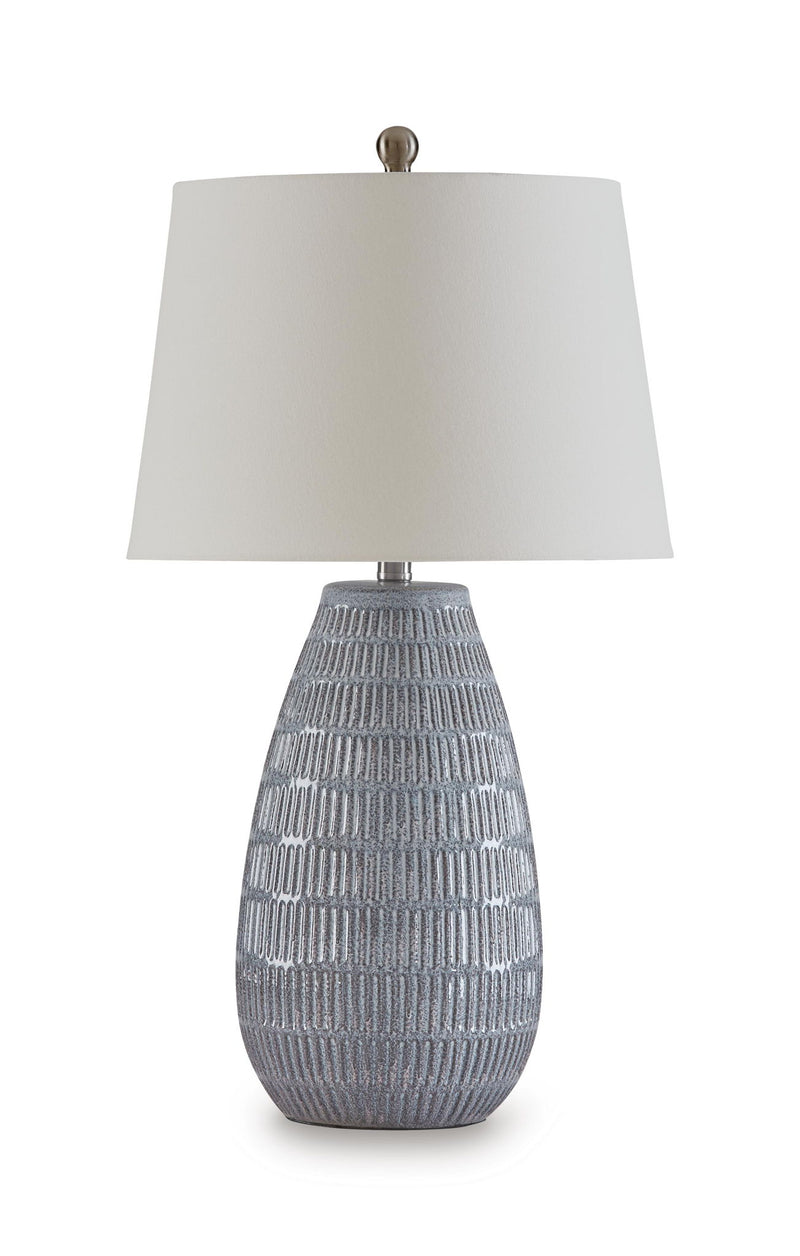 Ceramic table lamp with white drum shade and blue-gray textured ceramic base