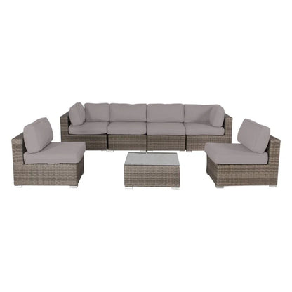 Wicker sectional seating set with gray cushions, corner chairs, and rectangular coffee table