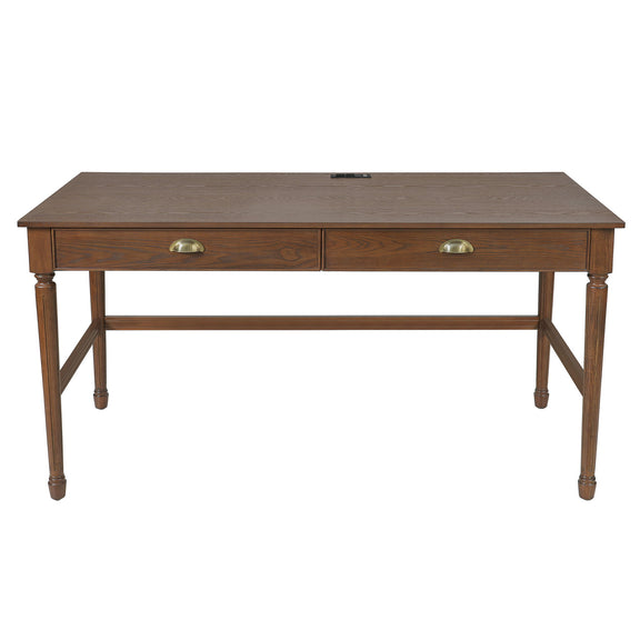 Dark brown writing desk with two drawers and brass-tone round pulls