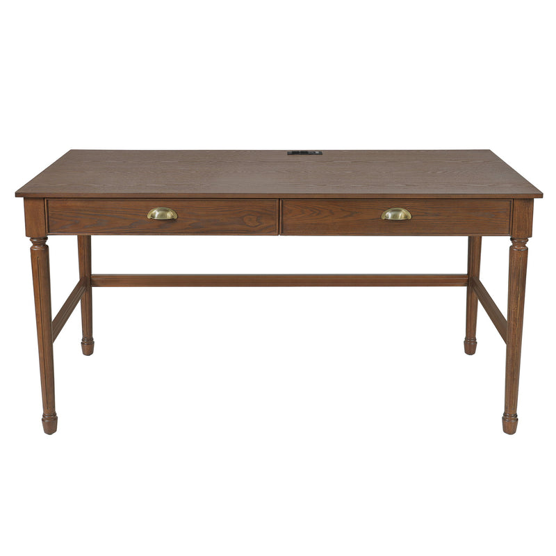 Dark brown writing desk with two drawers and brass-tone round pulls