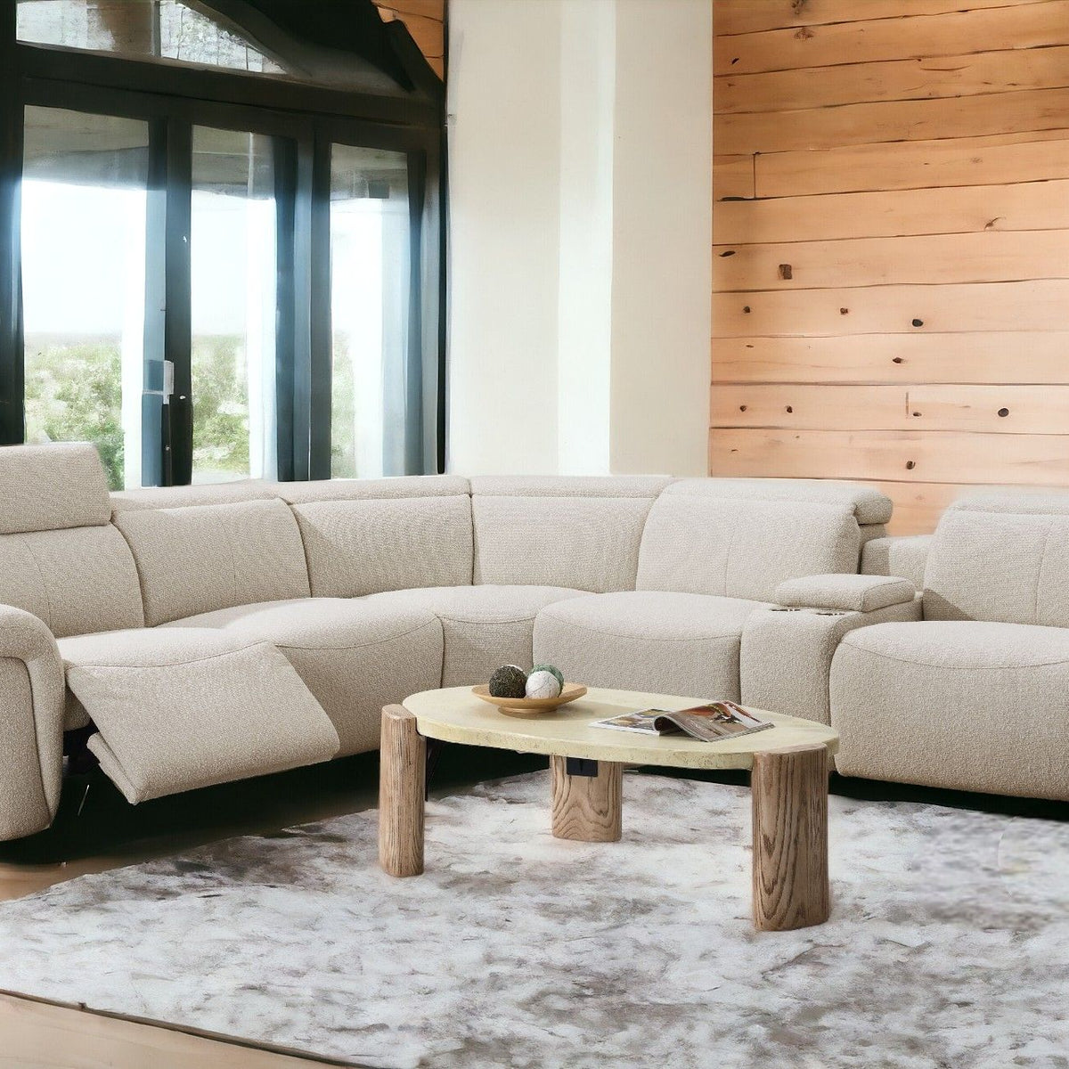 Dayana - Boucle Power Recliner Sectional Sofa For 5 People With Cupholder Console Adjustable Headrest - Beige