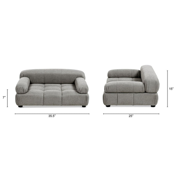 Gray pet sofa bed for dogs and cats with side and front views plus size measurements