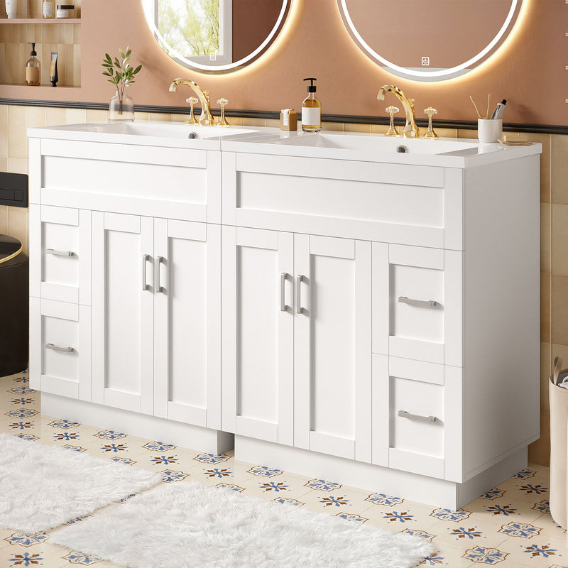 White double-sink bathroom vanity with cabinet doors and drawer fronts