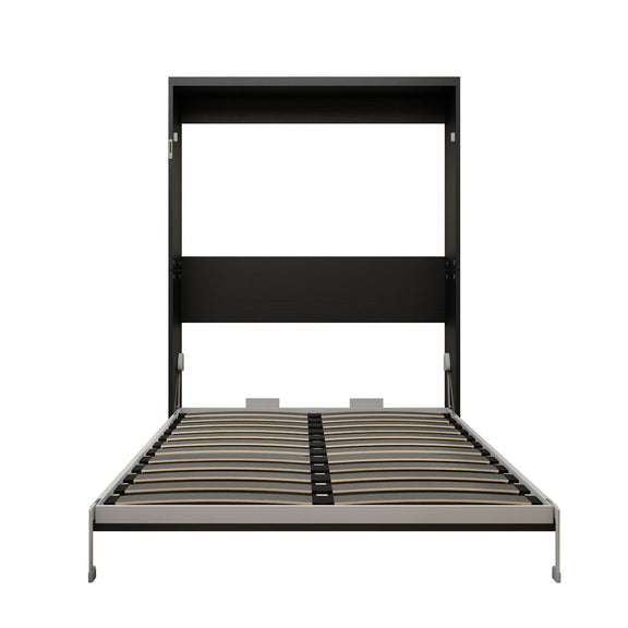 Black vertical Murphy wall bed with open cabinet frame and striped slat mattress base