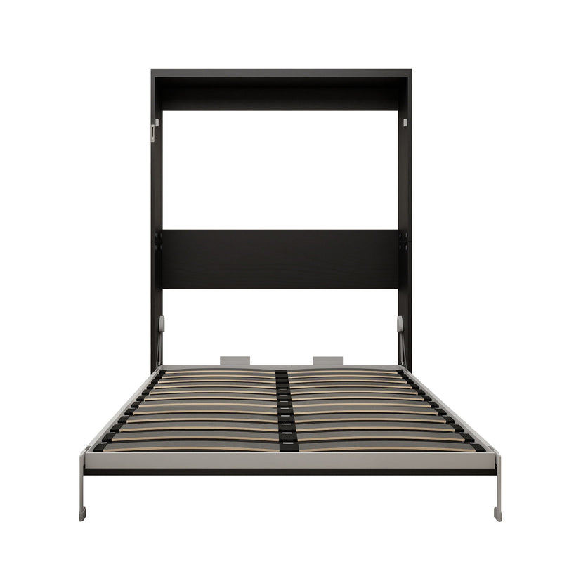 Black vertical Murphy wall bed with open cabinet frame and striped slat mattress base