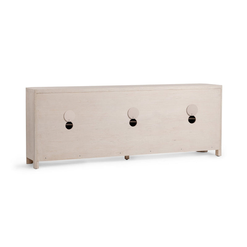 Vanilla wood cabinet back panel with three circular fixtures