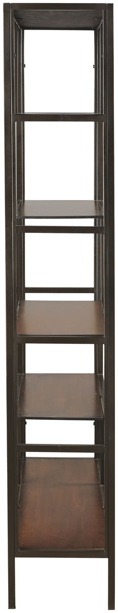 Tall dark brown wood bookcase with glass shelves and open front