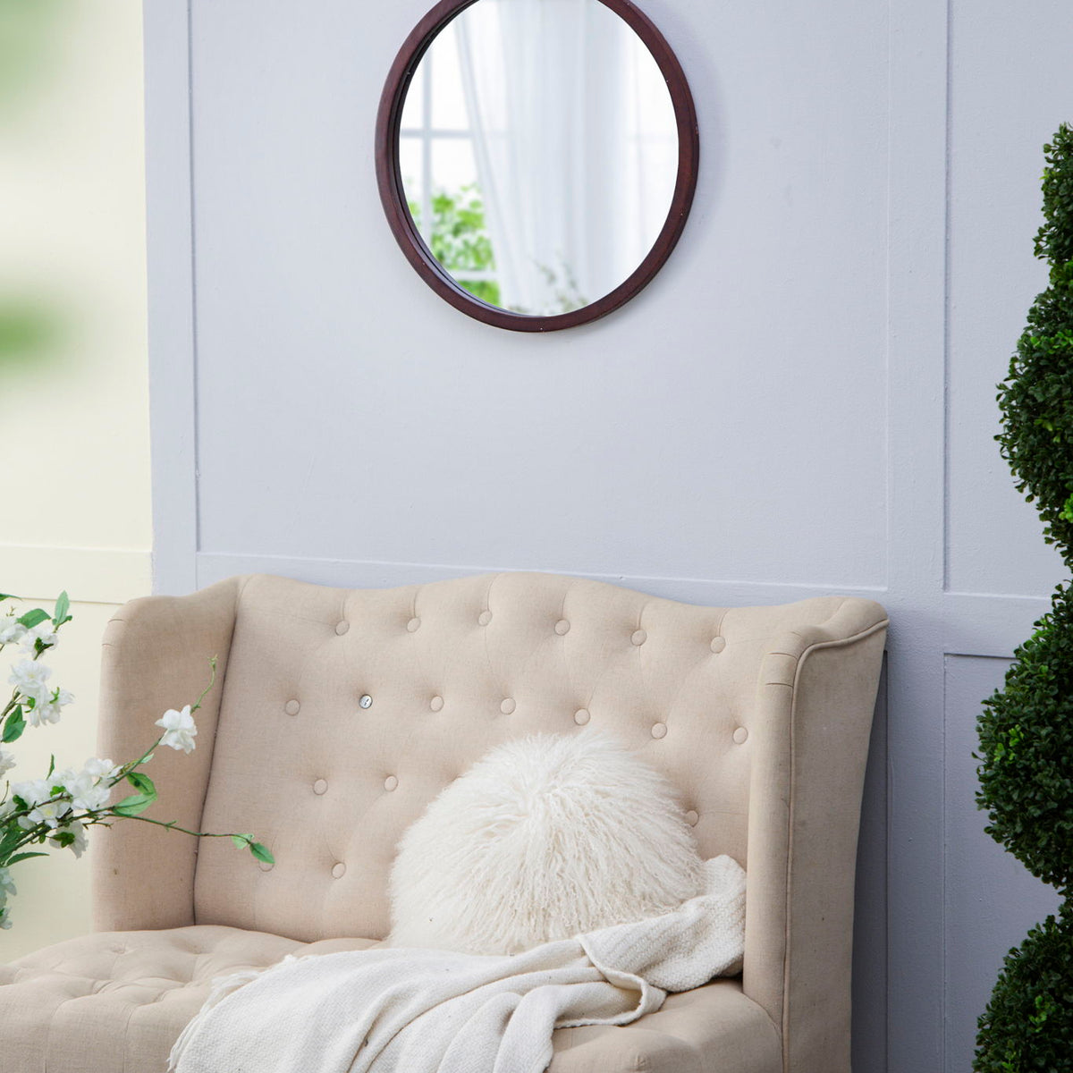 Circle Wall Mirror With Wooden Frame, Wall Mirror For Living Room