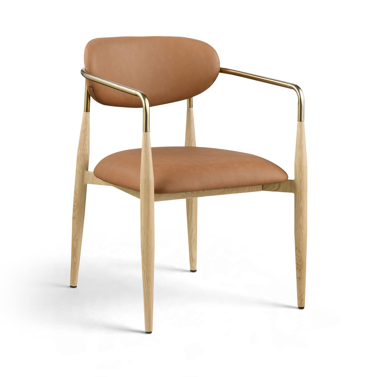 Dining arm chair with tan/brown upholstery, light wood legs, gold-tone arm frame