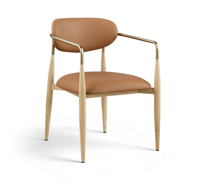 Dining arm chair with tan/brown upholstery, light wood legs, gold-tone arm frame