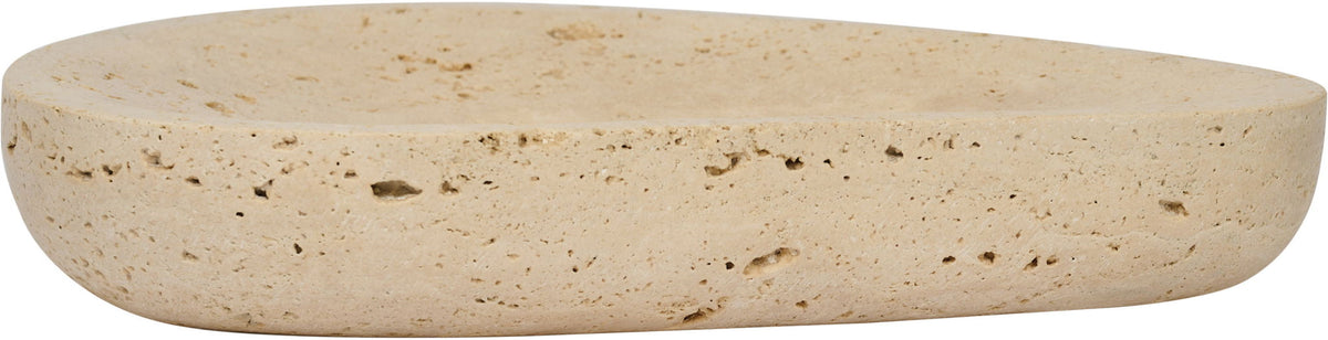 Beige travertine bowl top view with smooth oval rim