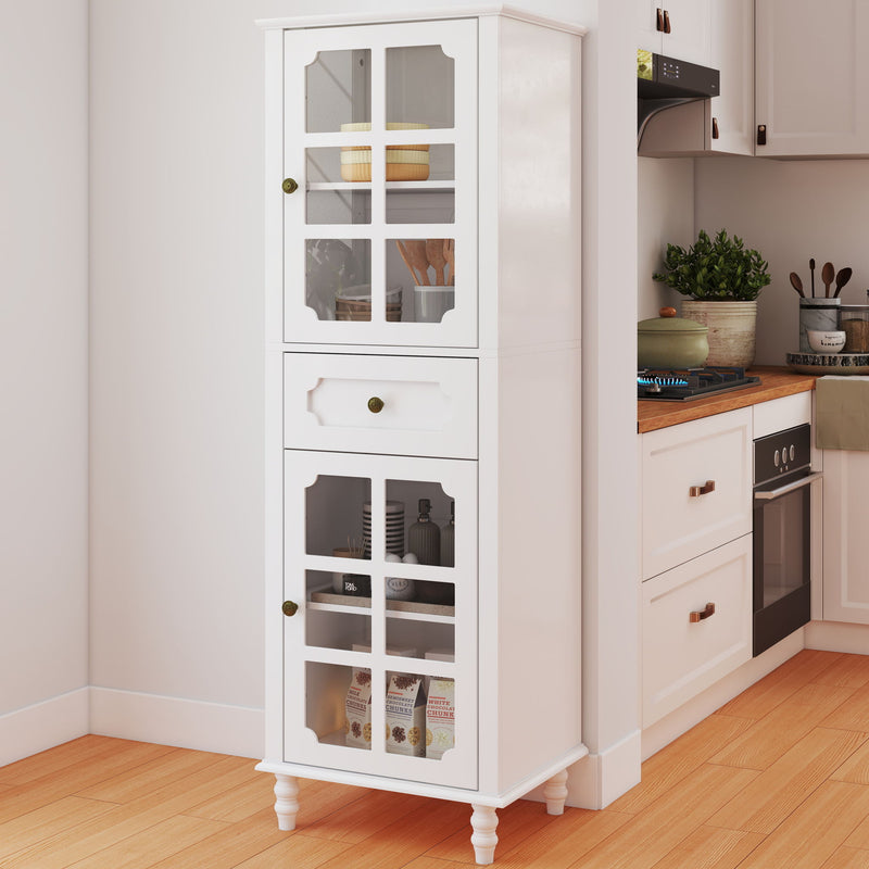 White pantry display cabinet with two grid glass doors, a central drawer, and turned legs