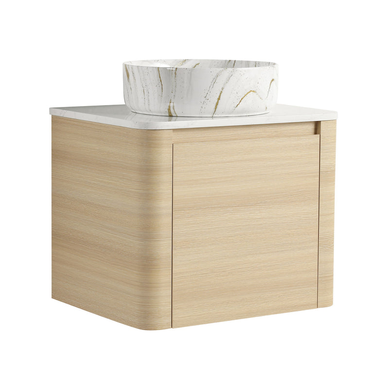 Light wood mounted bathroom vanity with white marble-pattern vessel sink and single door