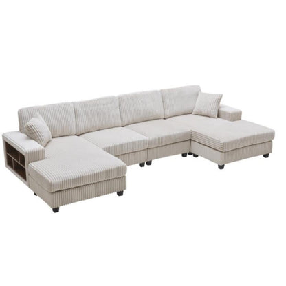 Beige U-shaped convertible sectional sofa with striped cushions and angled chaise