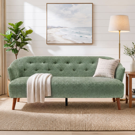3-seater tufted upholstered sofa, green fabric with button-tufted back and rounded arms