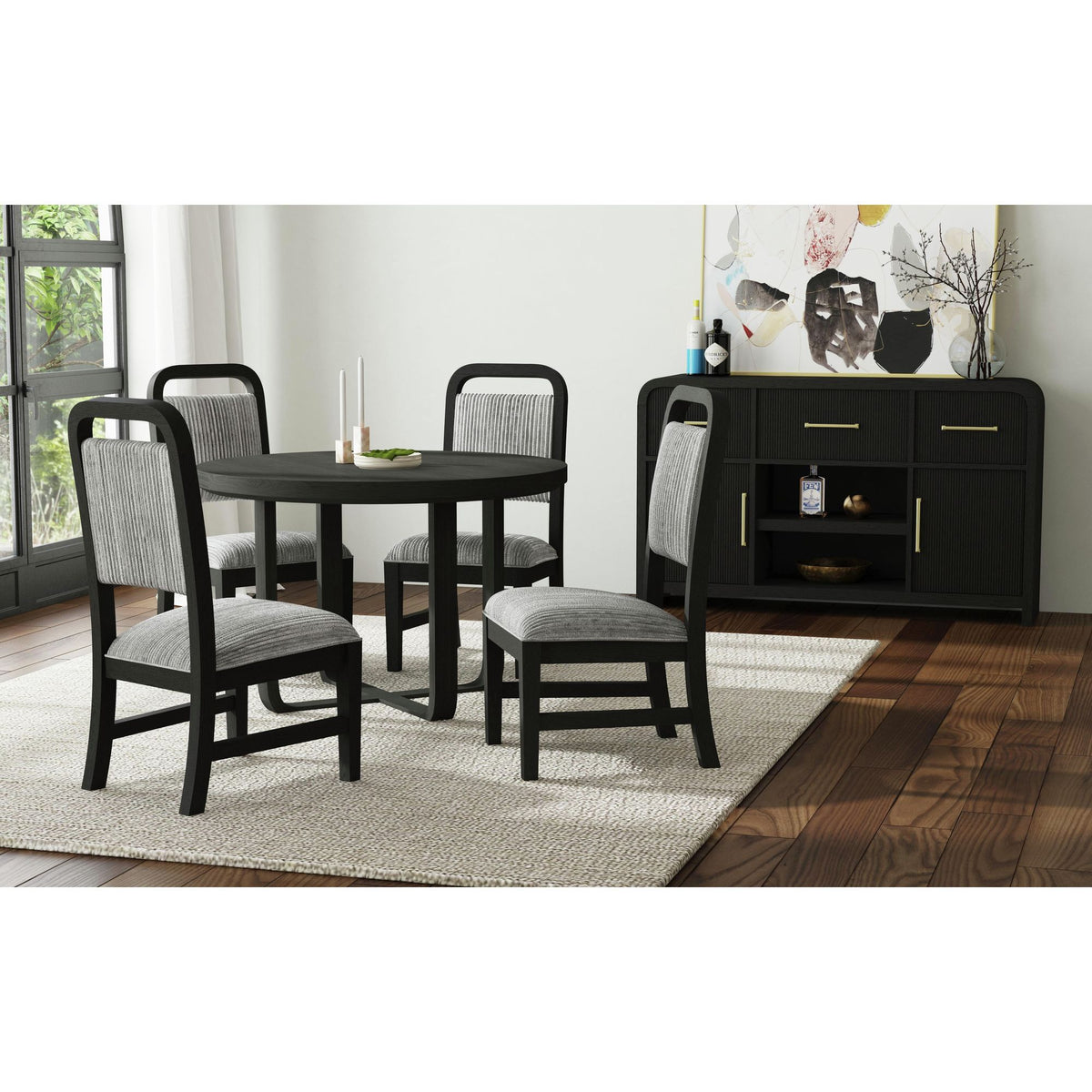 Black round dining table with gray upholstered dining chairs, 5-piece set