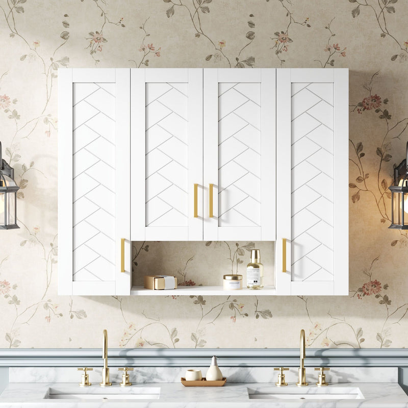White wall-mounted medicine cabinet with carved door panels and gold bar handles