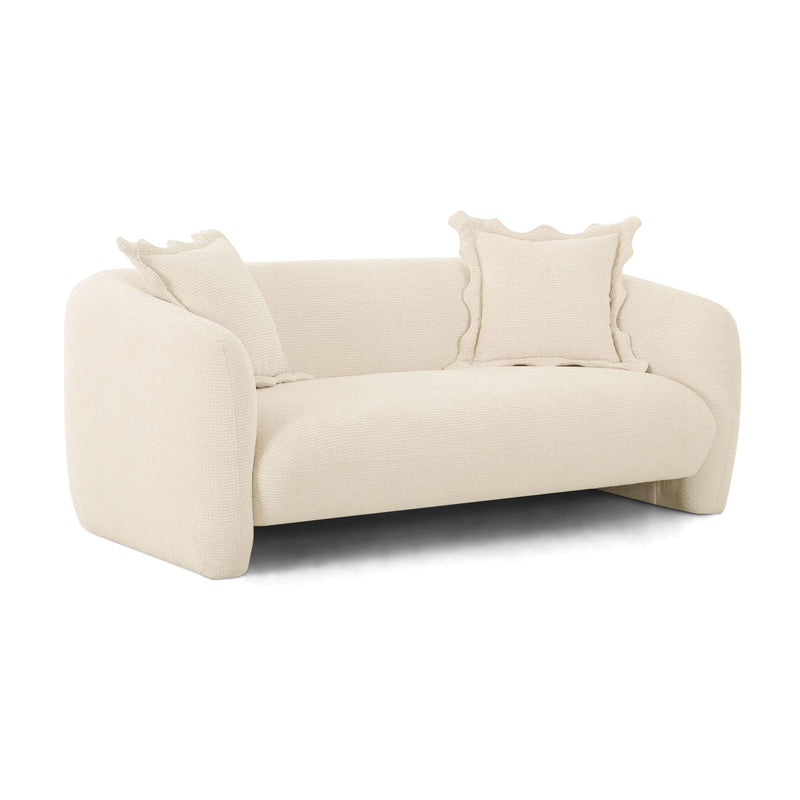 Beige fabric loveseat with two back cushions and two square throw pillows